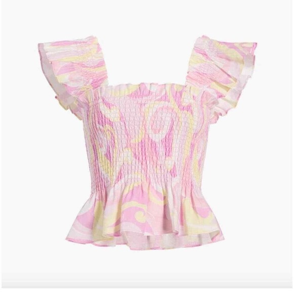 HILL HOUSE The Paz Linen Top Candy Kaleidoscopic Size S Pink Yellow Cottagecore - Picture 2 of 10